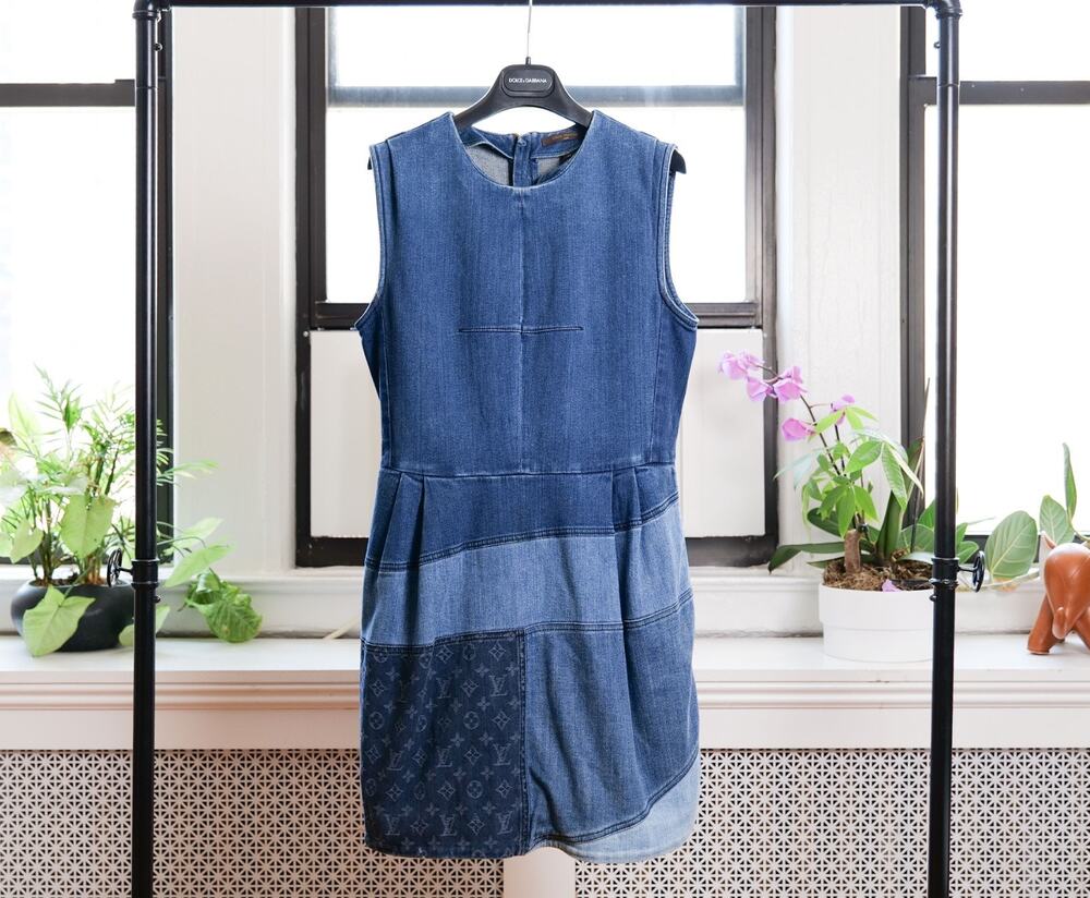 Louis Vuitton Blue Denim Patchwork Monogram Sleeveless Mini Dress (FR42)